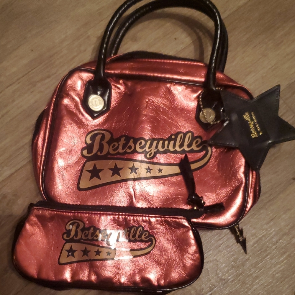 Betsey Johnson Metallic Orange Copper Black Womens Travel Bag Set